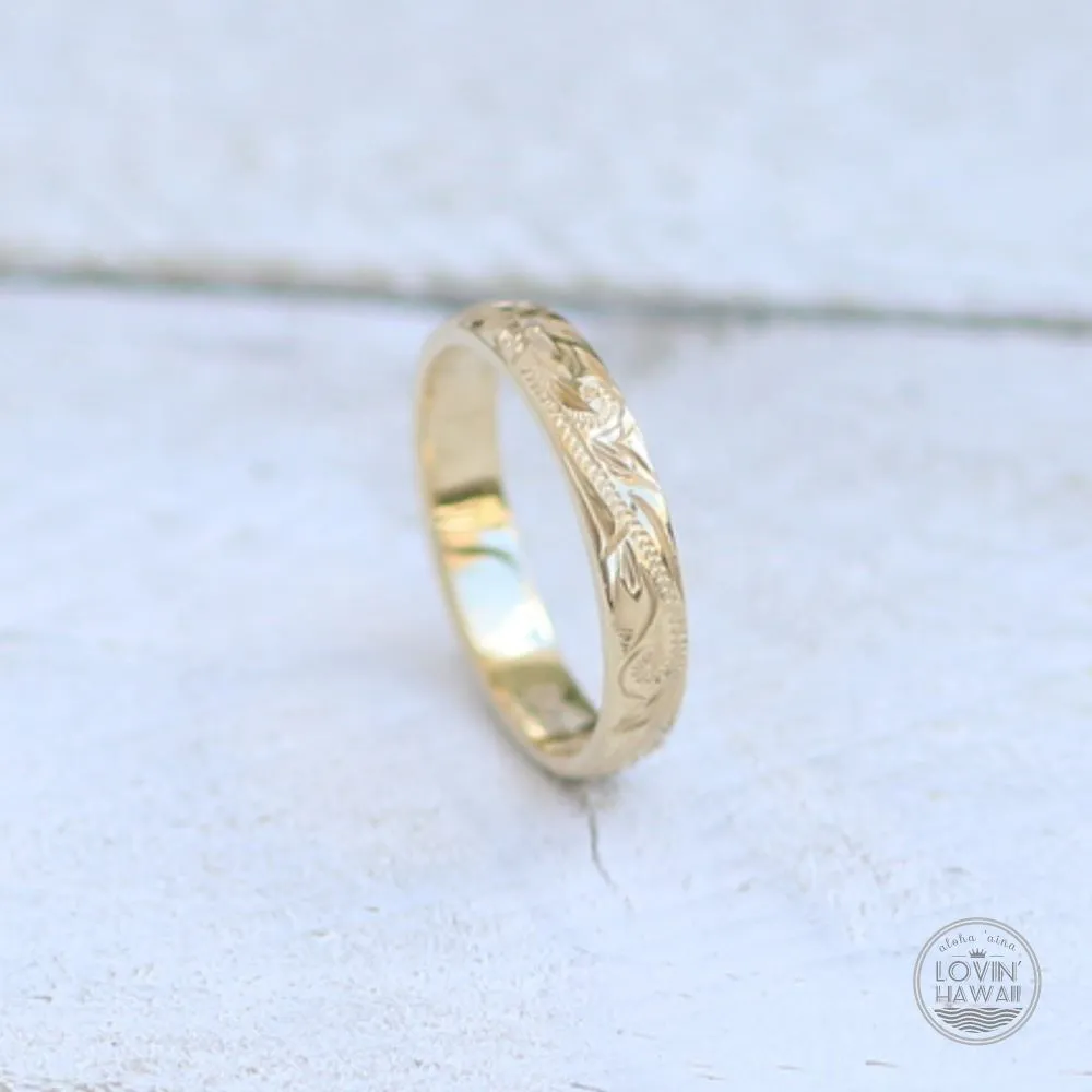 14K Gold Hawaiian Ring, Hand Engraved With Hawaiian Heritage Design (4mm width,Dome Style)