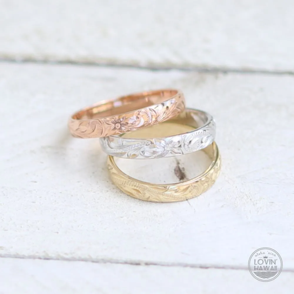 14K Gold Hawaiian Ring, Hand Engraved With Hawaiian Heritage Design (4mm width,Dome Style)