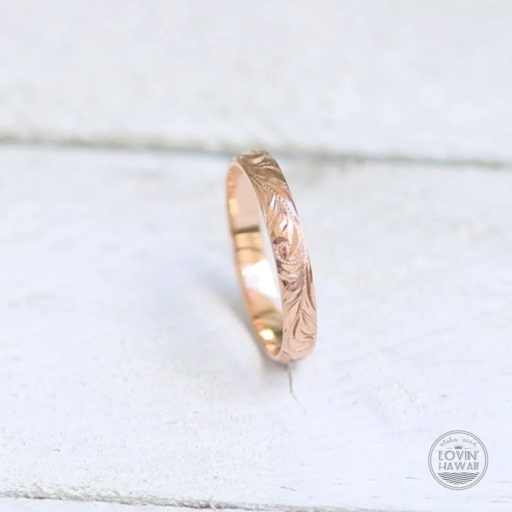 14K Gold Hawaiian Ring, Hand Engraved With Hawaiian Heritage Design (4mm width,Dome Style)