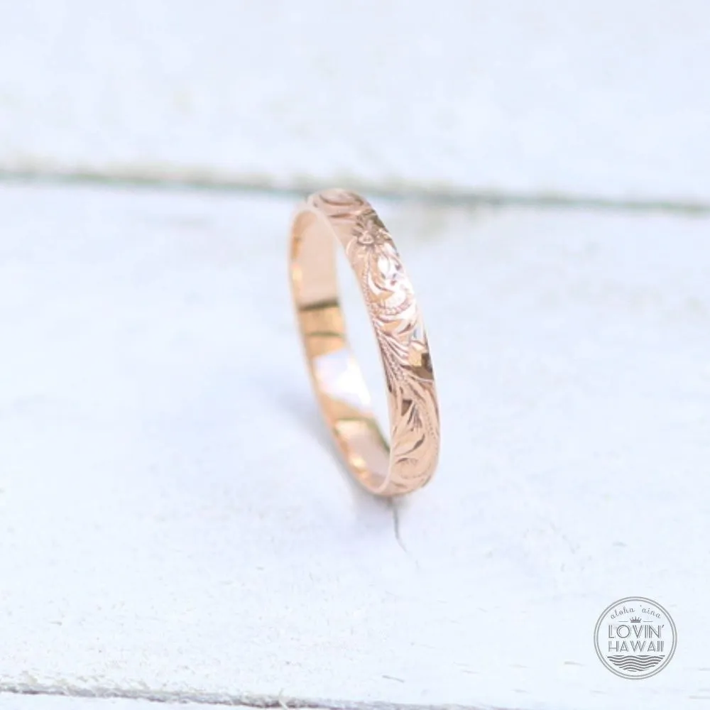 14K Gold Hawaiian Ring, Hand Engraved With Hawaiian Heritage Design (4mm width,Dome Style)