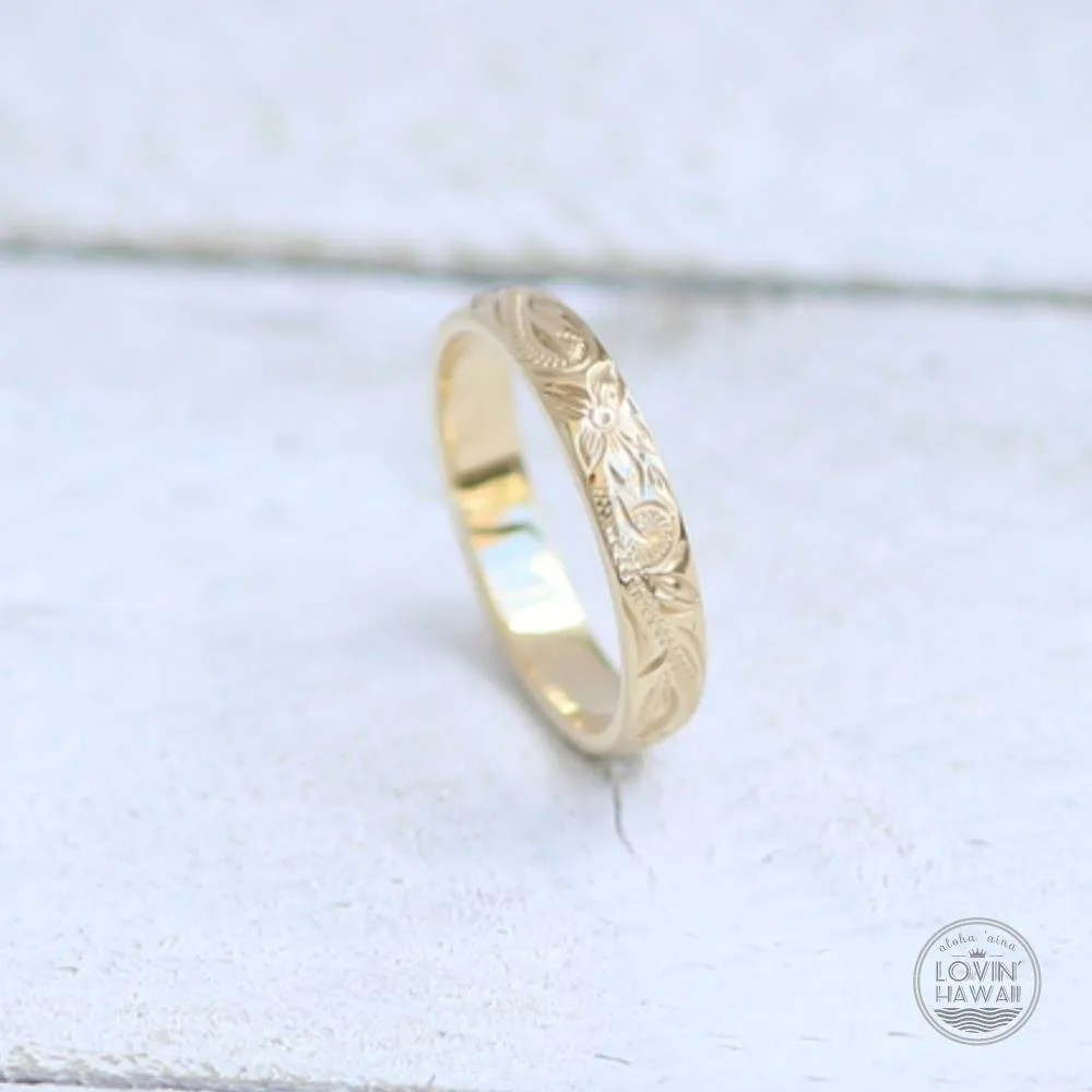 14K Gold Hawaiian Ring, Hand Engraved With Hawaiian Heritage Design (4mm width,Dome Style)