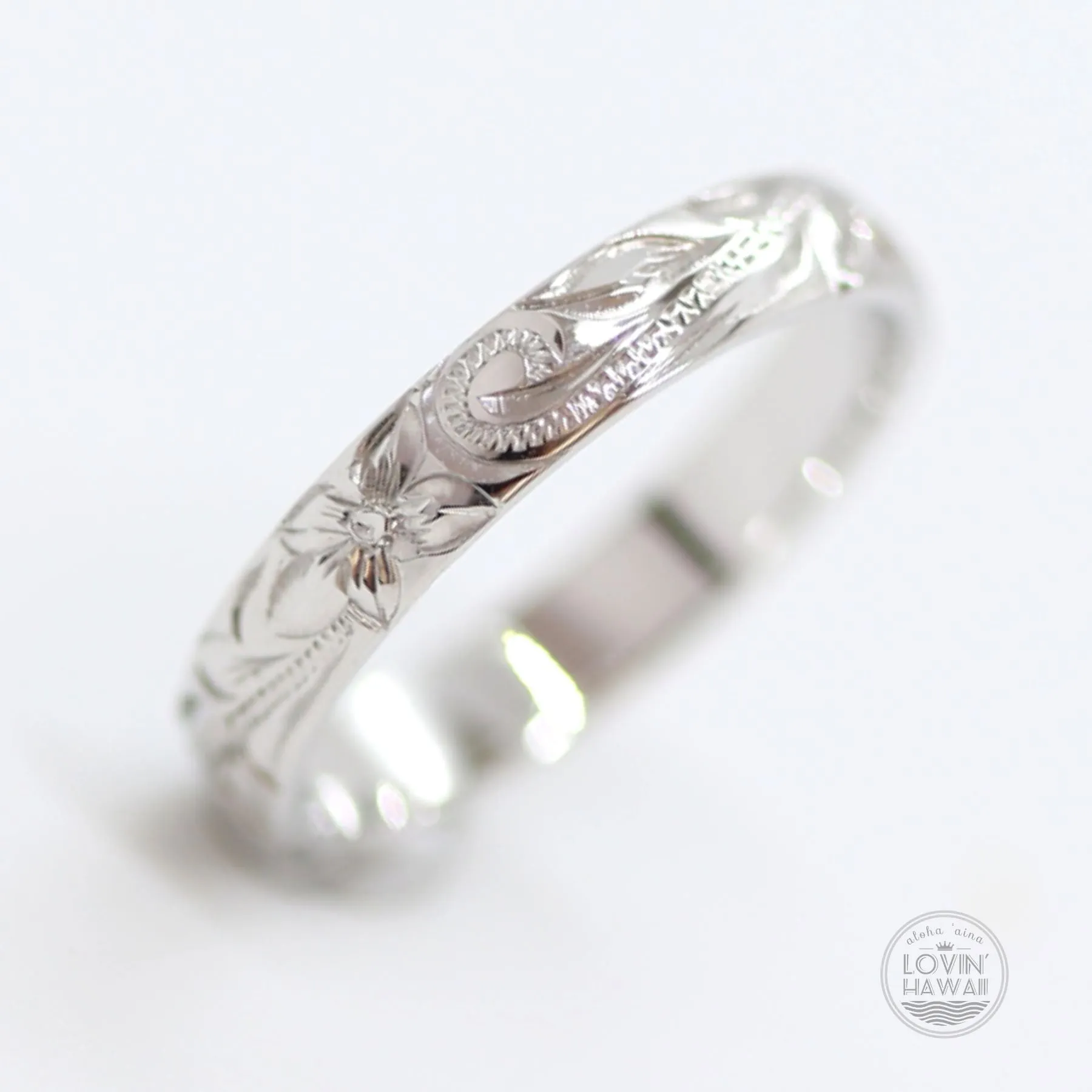14K Gold Hawaiian Ring, Hand Engraved With Hawaiian Heritage Design (4mm width,Dome Style)