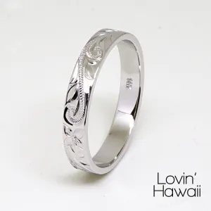 14K Gold Hawaiian Wedding Bands, Hand Engraved Design (3MM, Flat Style)
