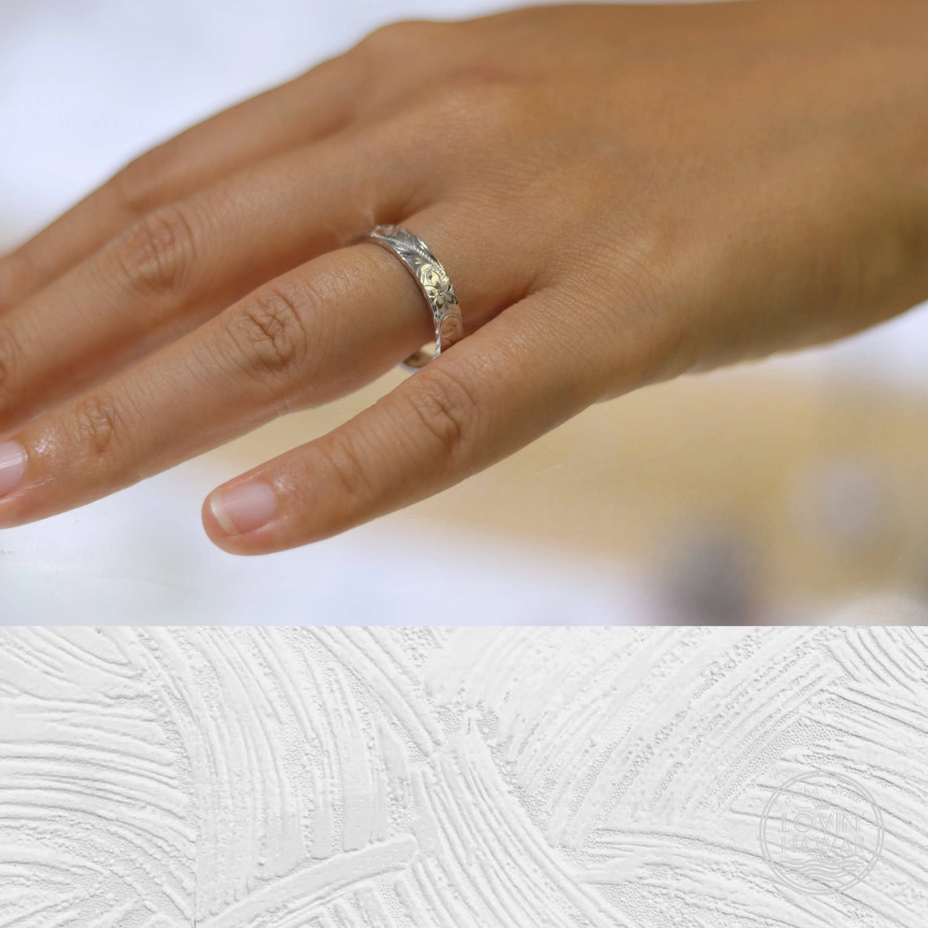 14K Gold Hawaiian Wedding Bands, Hand Engraved Design (3MM, Flat Style)