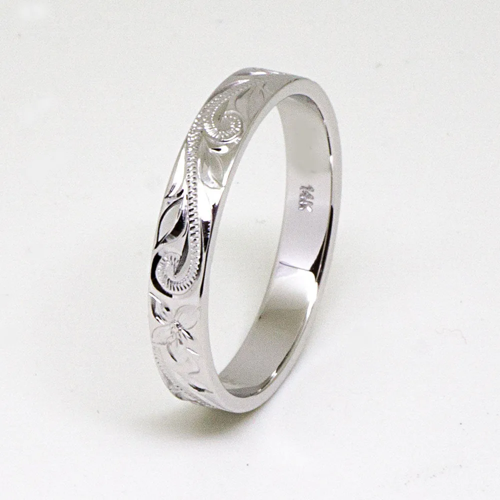 14K Gold Hawaiian Wedding Bands, Hand Engraved Design (3MM, Flat Style)