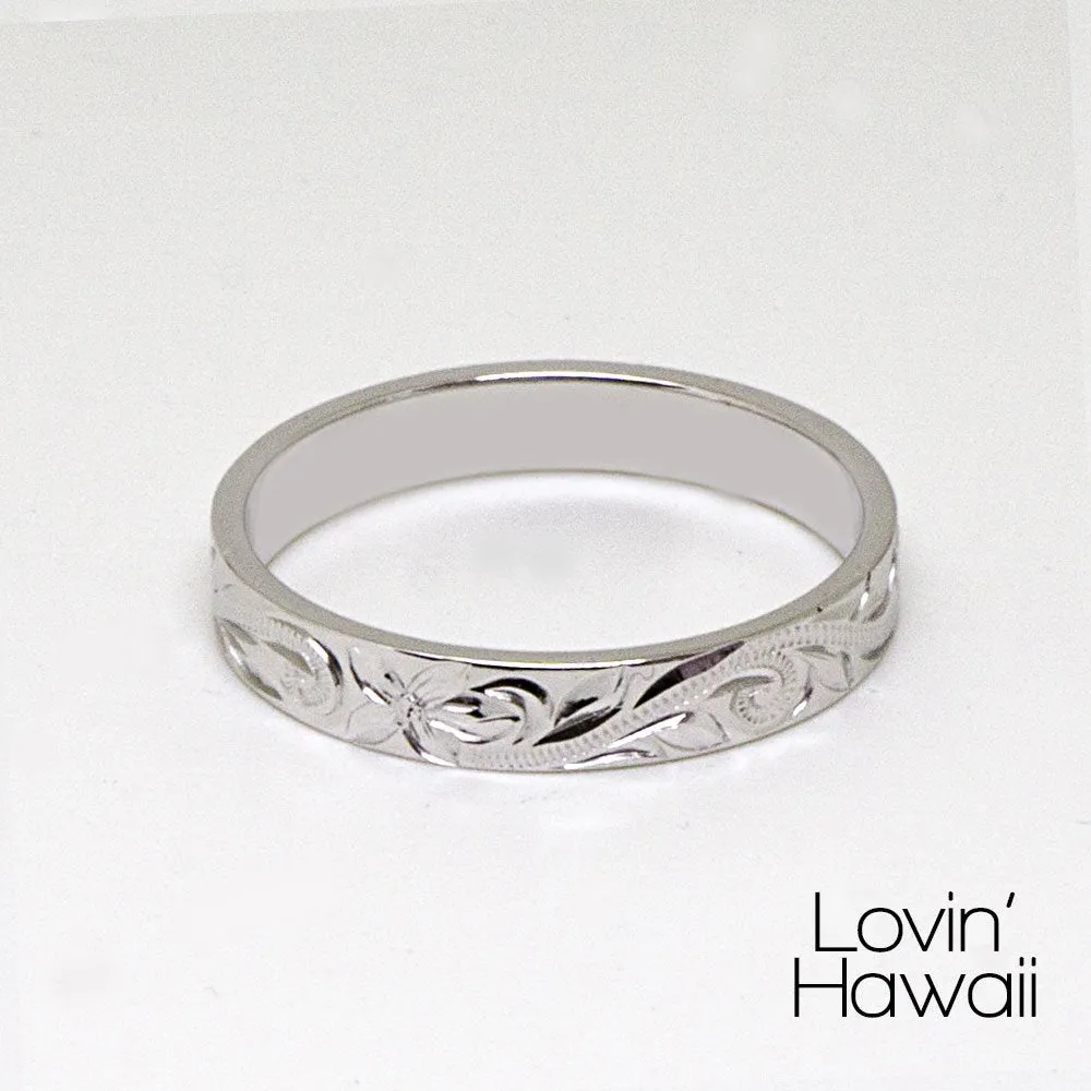 14K Gold Hawaiian Wedding Bands, Hand Engraved Design (3MM, Flat Style)