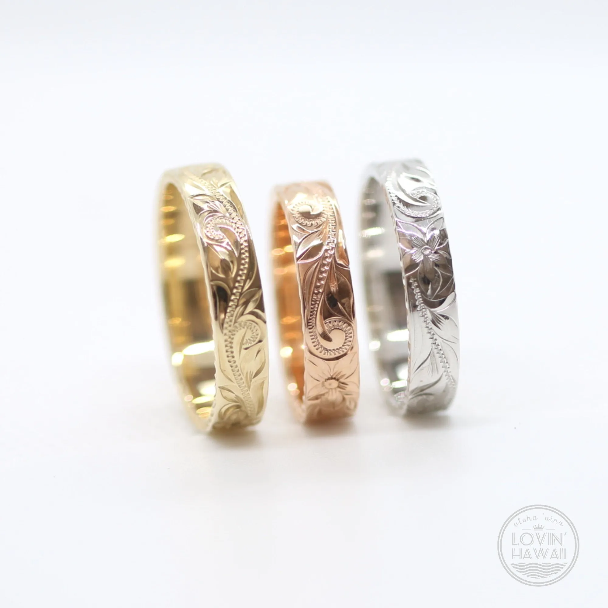 14K Gold Hawaiian Wedding Bands, Hand Engraved Design (3MM, Flat Style)