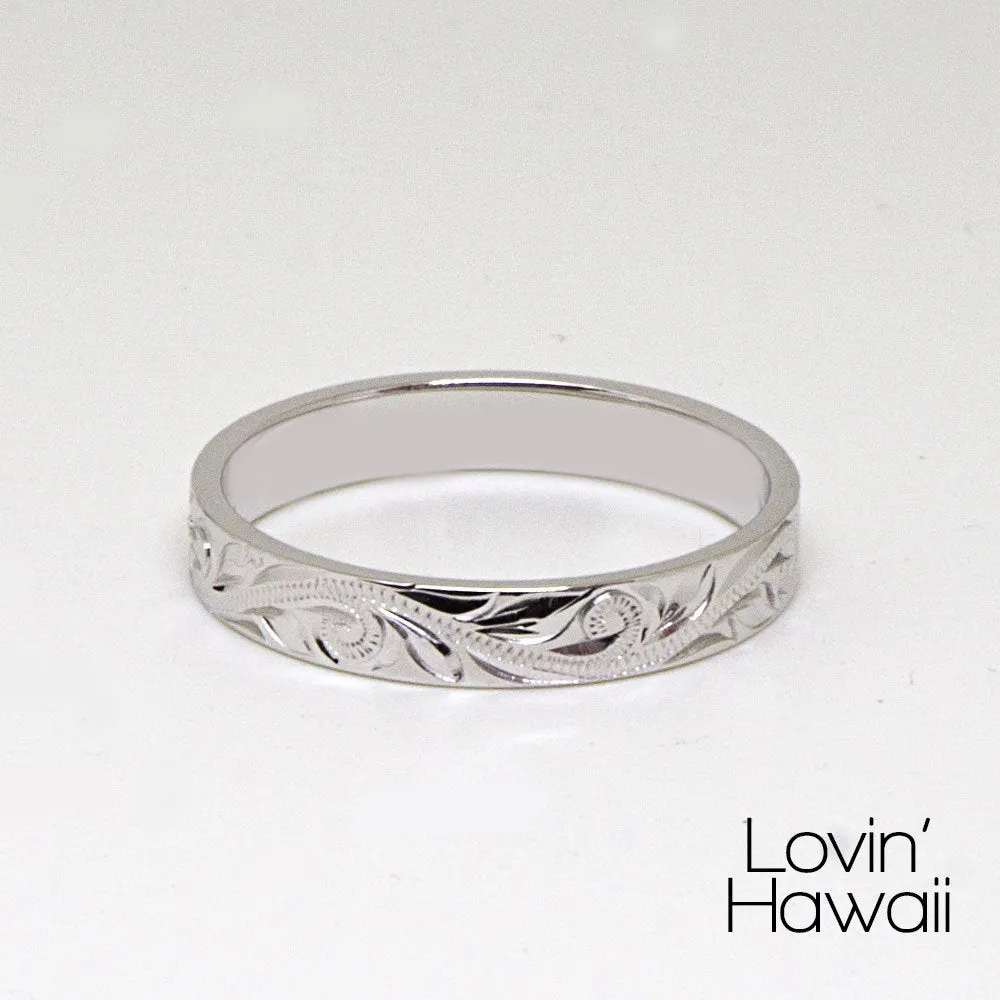 14K Gold Hawaiian Wedding Bands, Hand Engraved Design (3MM, Flat Style)