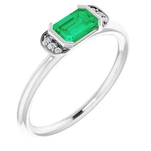 14K White Emerald & .02 CTW Diamond Stackable Ring