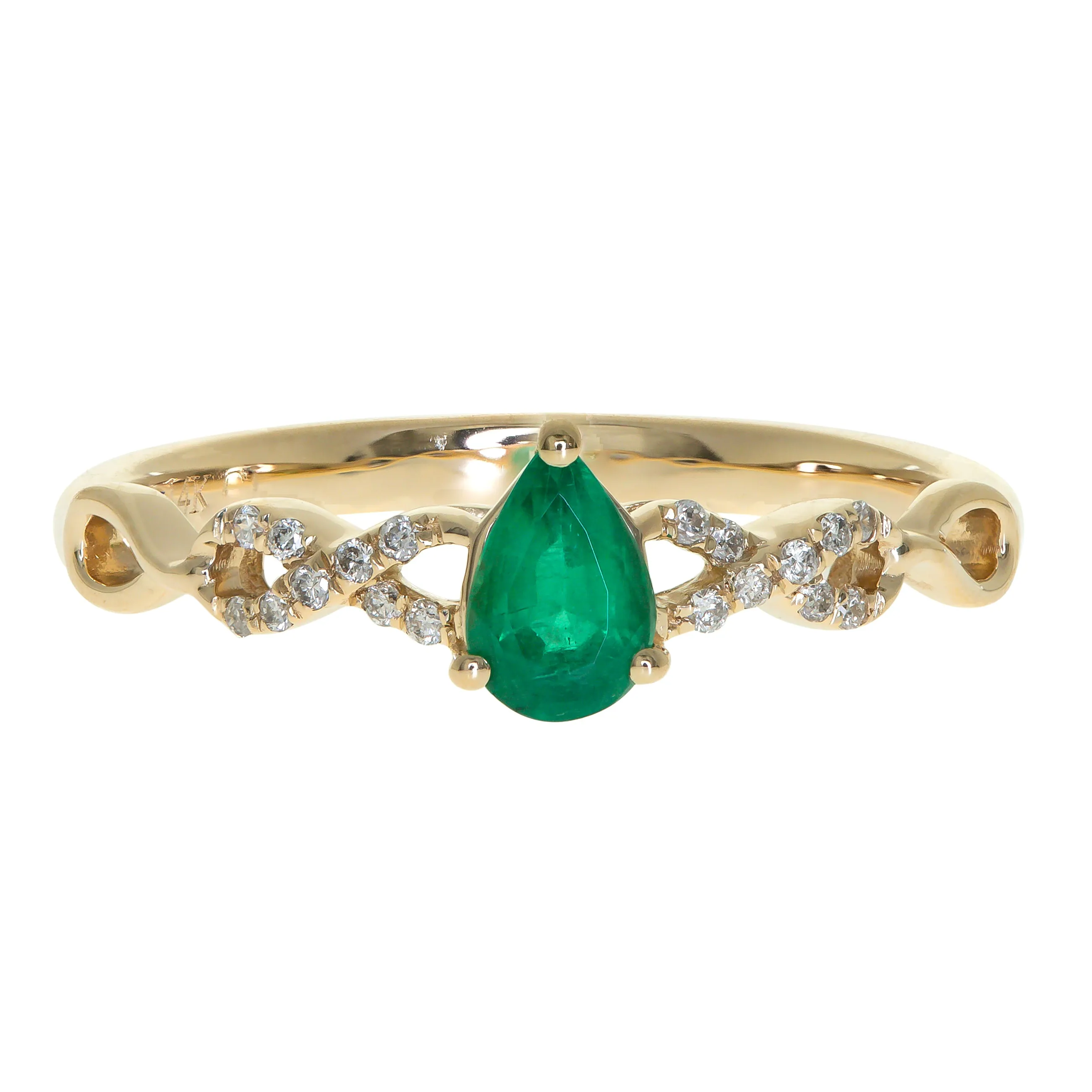 14k Yellow Gold Emerald Ring with Twisted Diamond Band