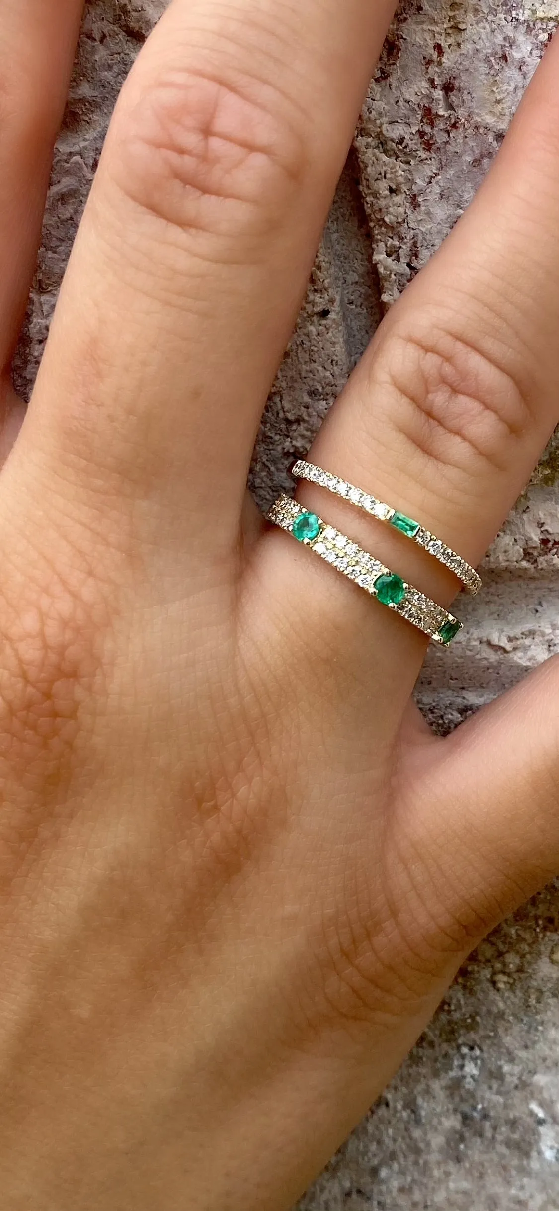 14K Yellow Gold with Diamonds   Three-Emerald Stone Ring*