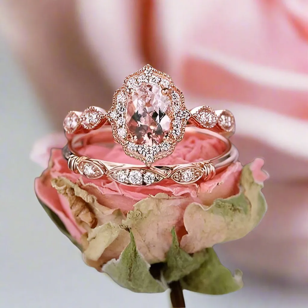1.5 CT Oval Cut Pink Stone Ring Set In Rose Gold