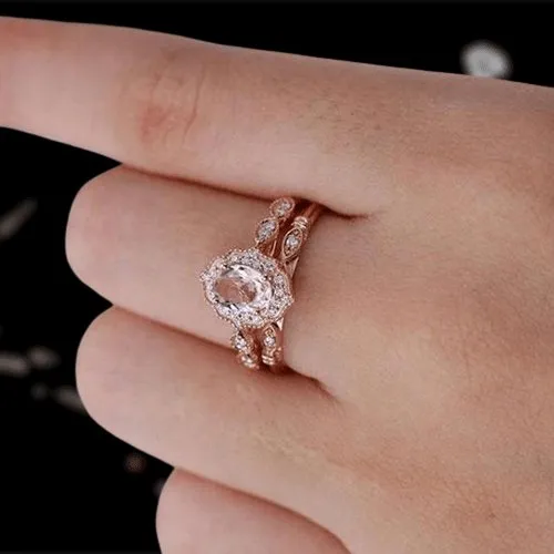 1.5 CT Oval Cut Pink Stone Ring Set In Rose Gold