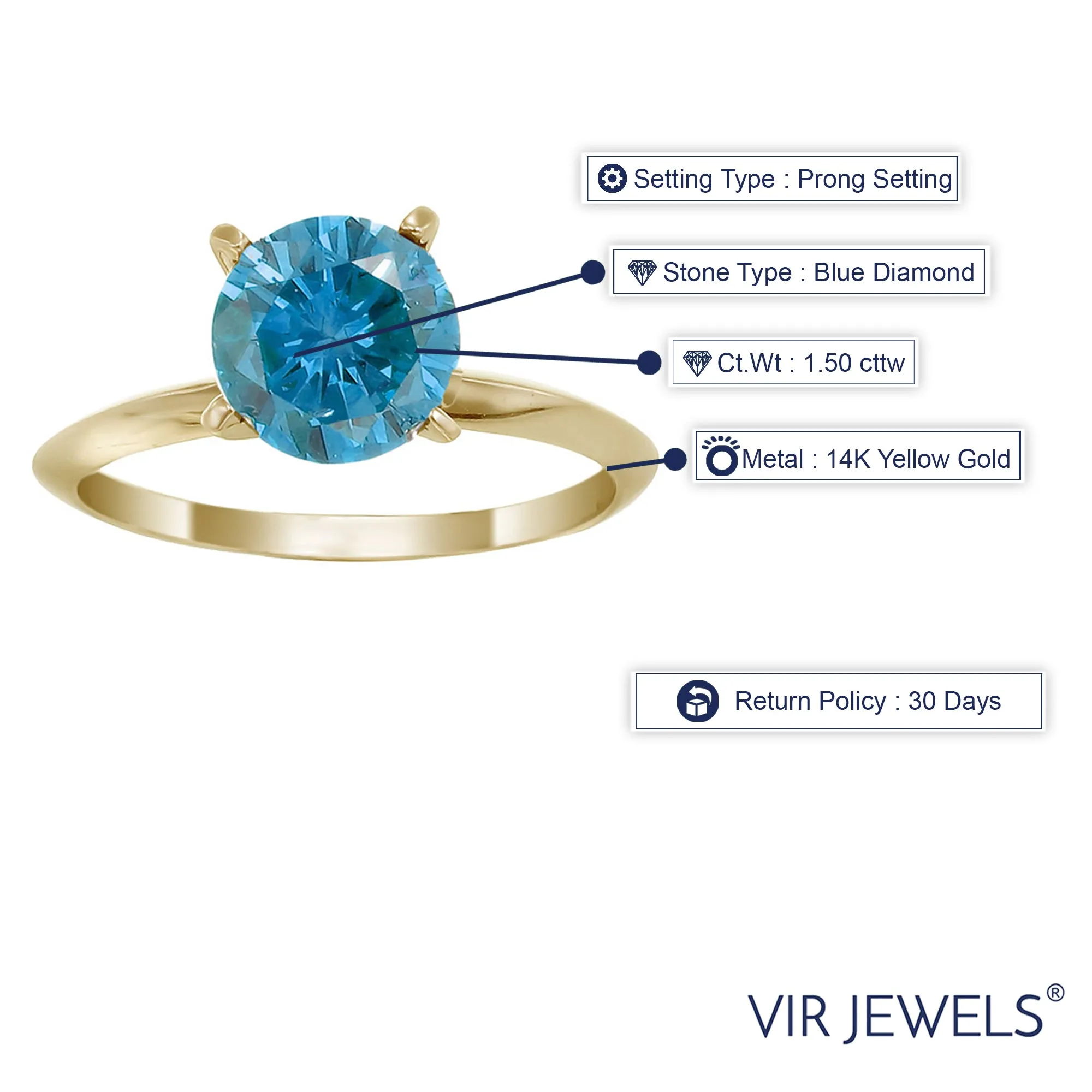 1.50 cttw Blue Solitaire Diamond Engagement Rings 14K Yellow Gold