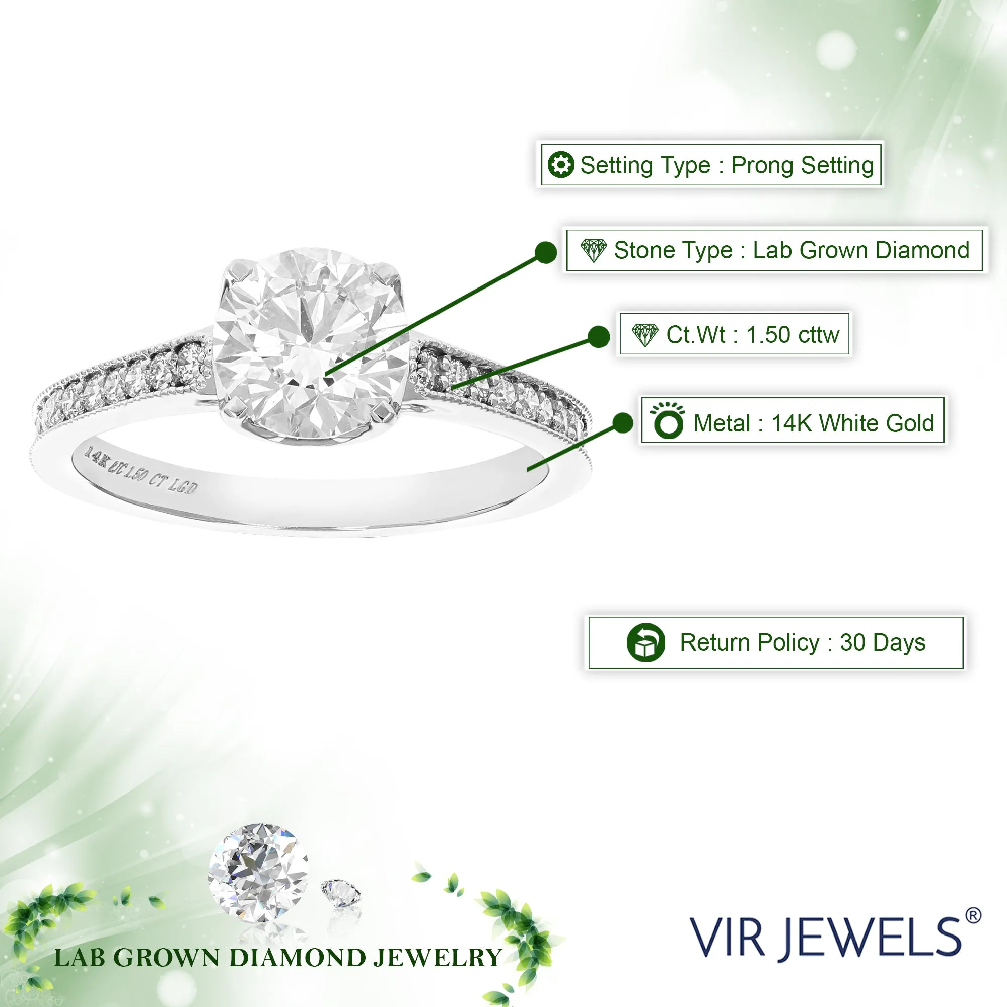 1.50 cttw Lab Grown Diamond Engagement Rings in 14K White Gold