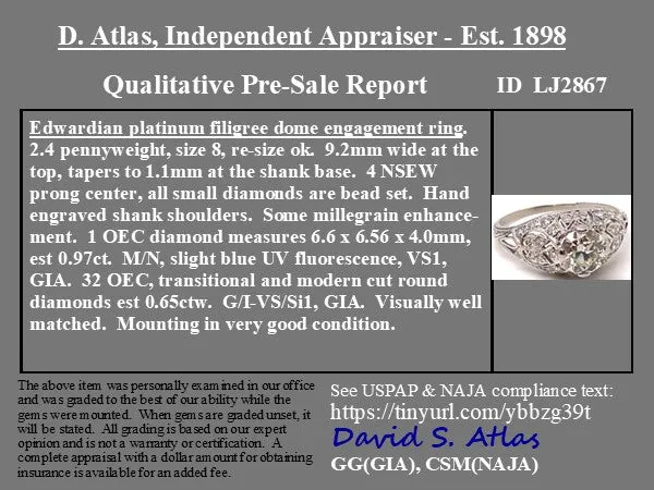 1.62ctw Edwardian Old European Cut Diamond Filigree Ring
