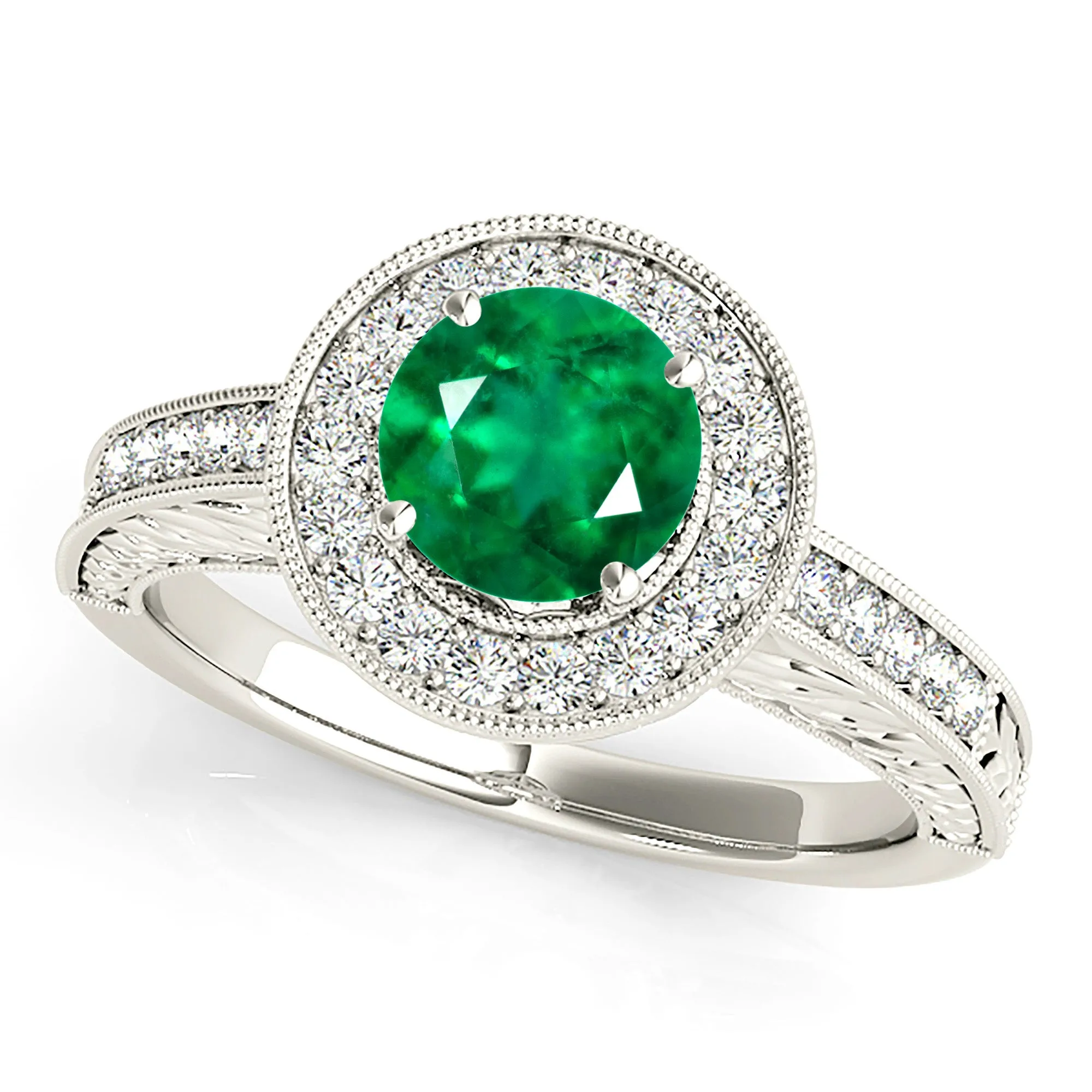 1.70 ct. Genuine Emerald Ring With Halo and Filigree Milgrain Diamond Band