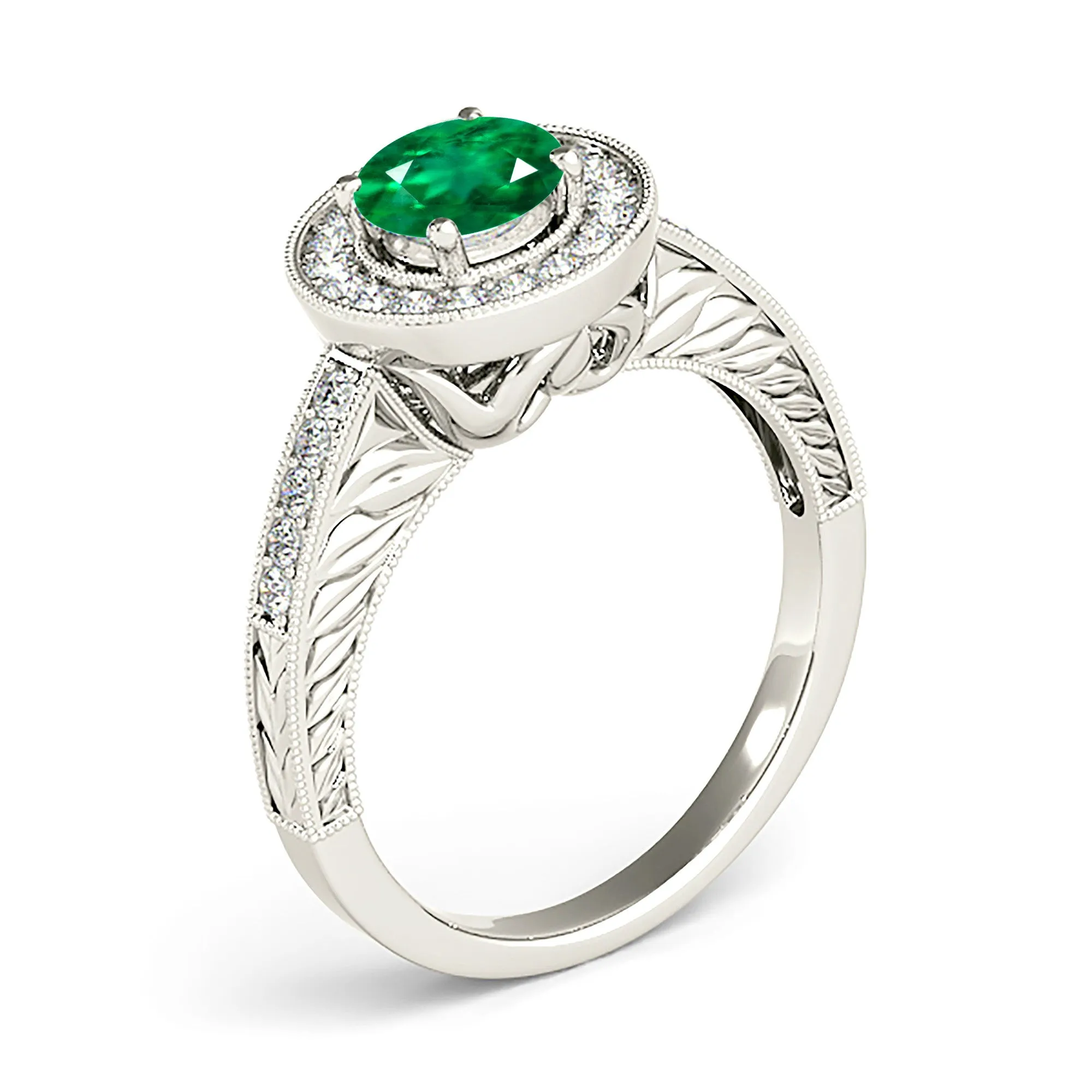 1.70 ct. Genuine Emerald Ring With Halo and Filigree Milgrain Diamond Band