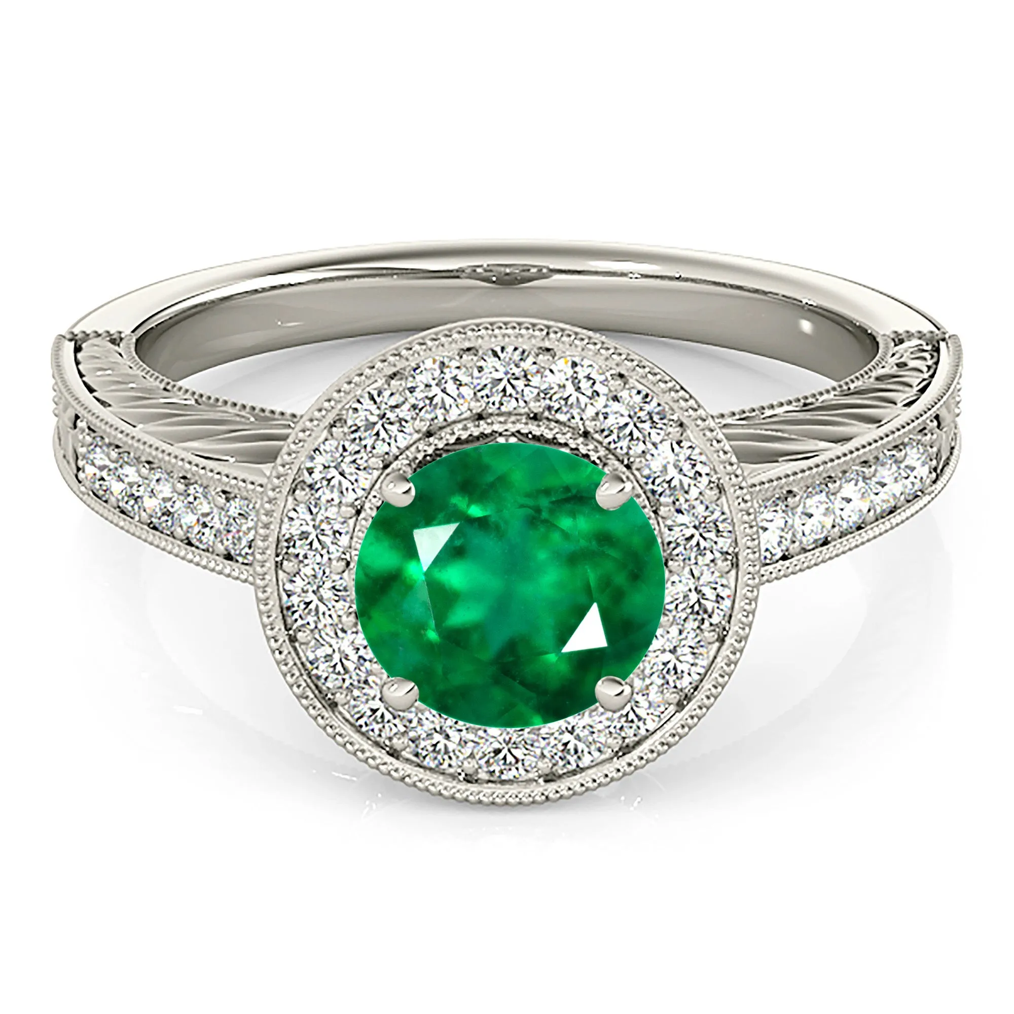 1.70 ct. Genuine Emerald Ring With Halo and Filigree Milgrain Diamond Band