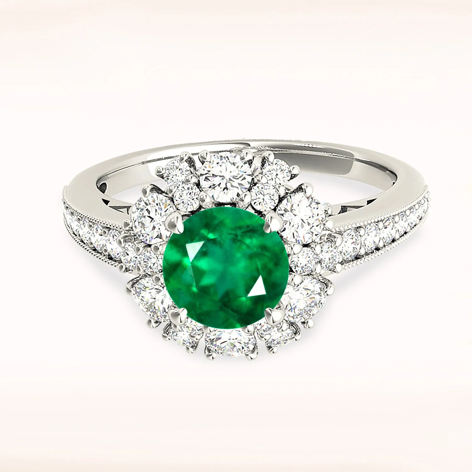 1.75 ct. Genuine Emerald Ring With Halo and Floral Basket