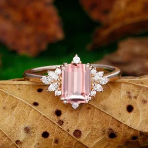 2 CT Emerald Cut Natural  Pink Morganite Cluster Nature leaf Promise Ring