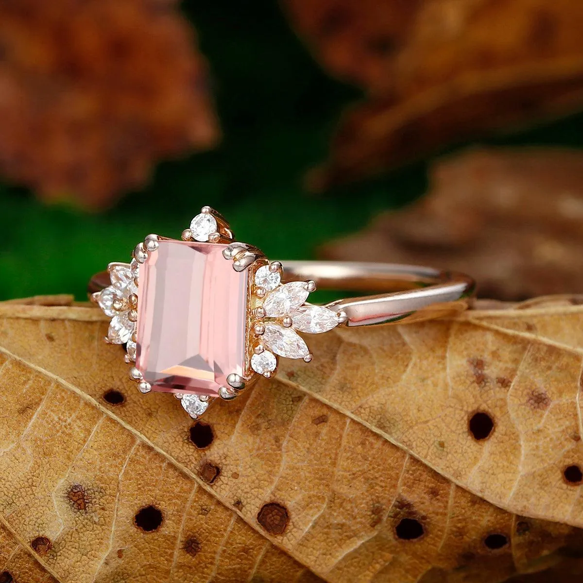 2 CT Emerald Cut Natural  Pink Morganite Cluster Nature leaf Promise Ring