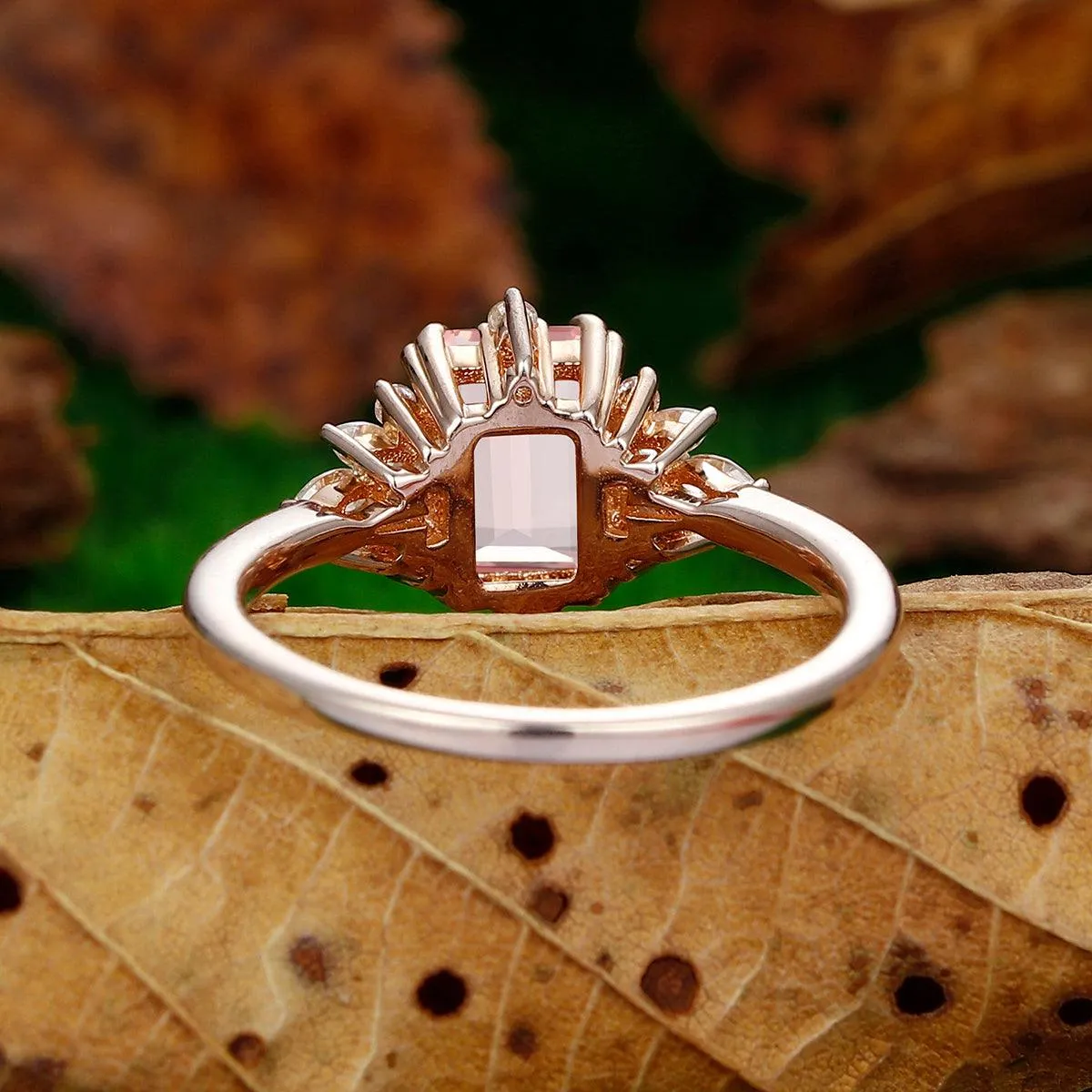 2 CT Emerald Cut Natural  Pink Morganite Cluster Nature leaf Promise Ring