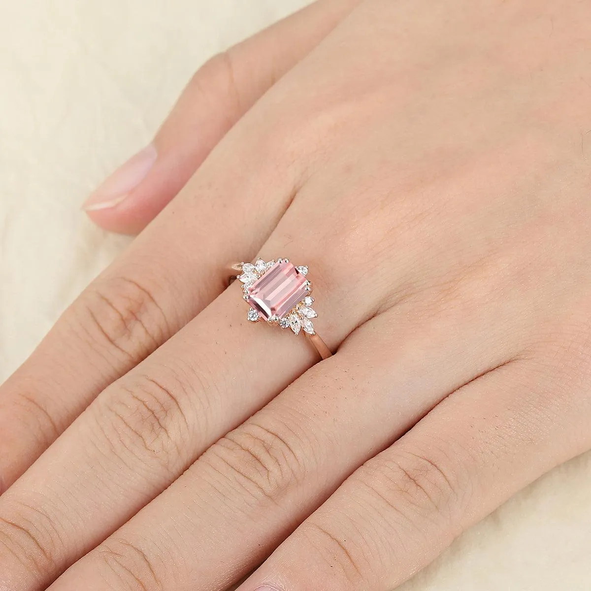 2 CT Emerald Cut Natural  Pink Morganite Cluster Nature leaf Promise Ring