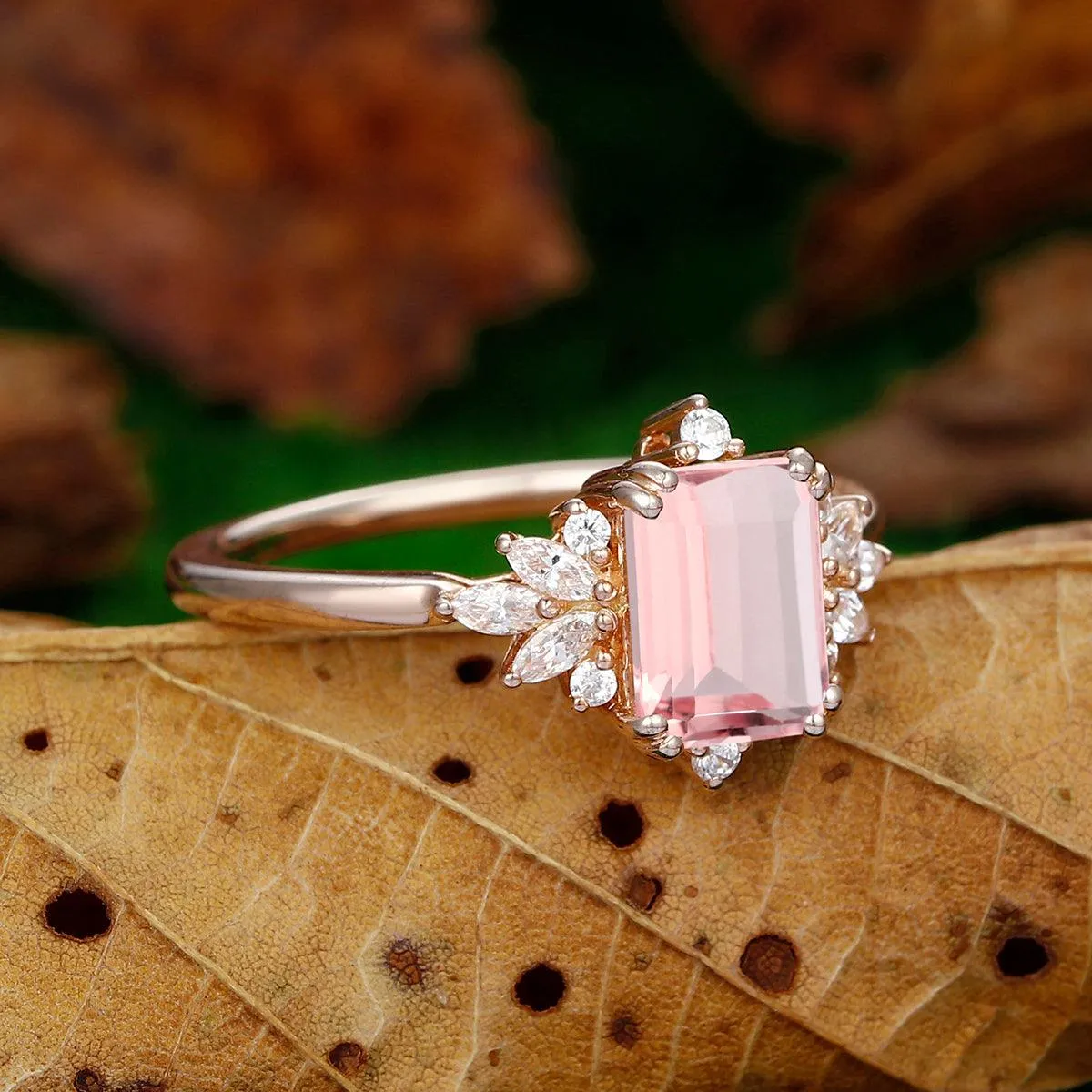 2 CT Emerald Cut Natural  Pink Morganite Cluster Nature leaf Promise Ring