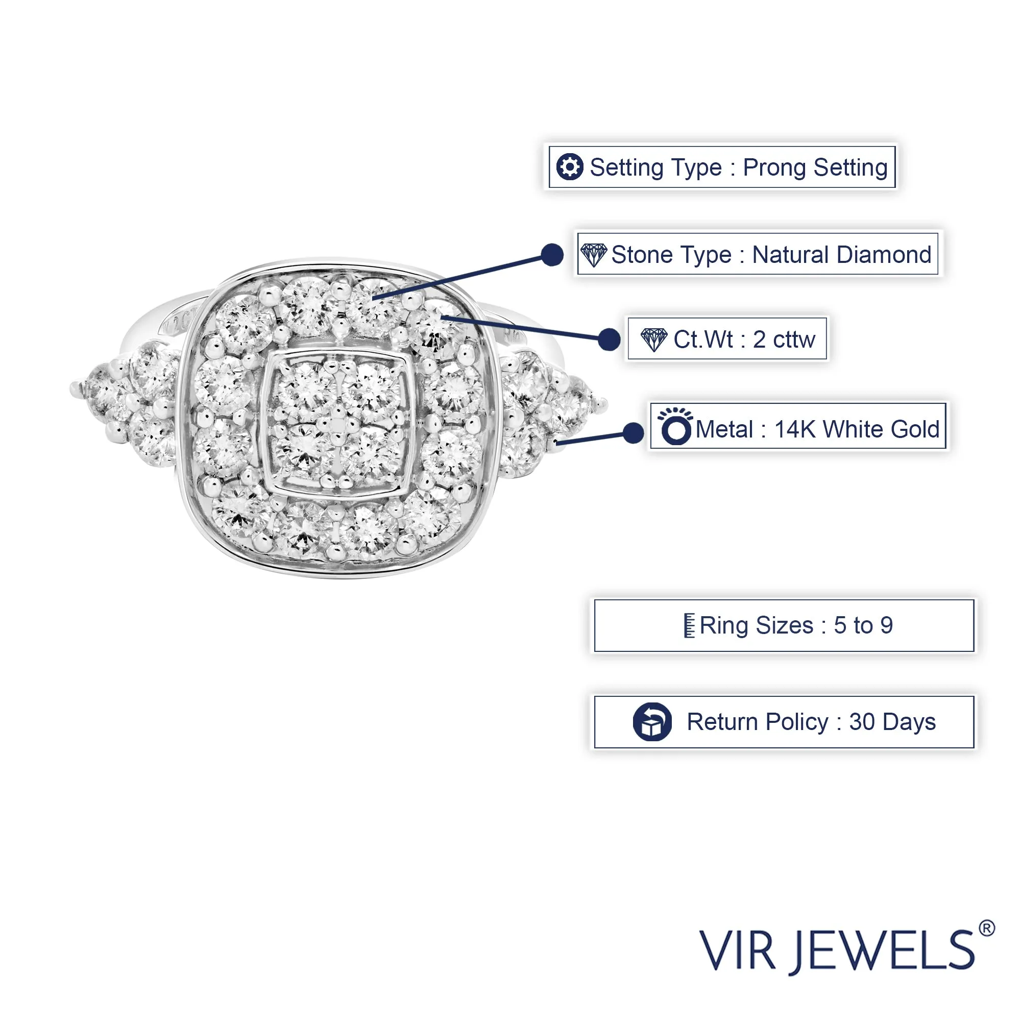 2 cttw Cushion Cluster Diamond Engagement Rings in 14K White Gold