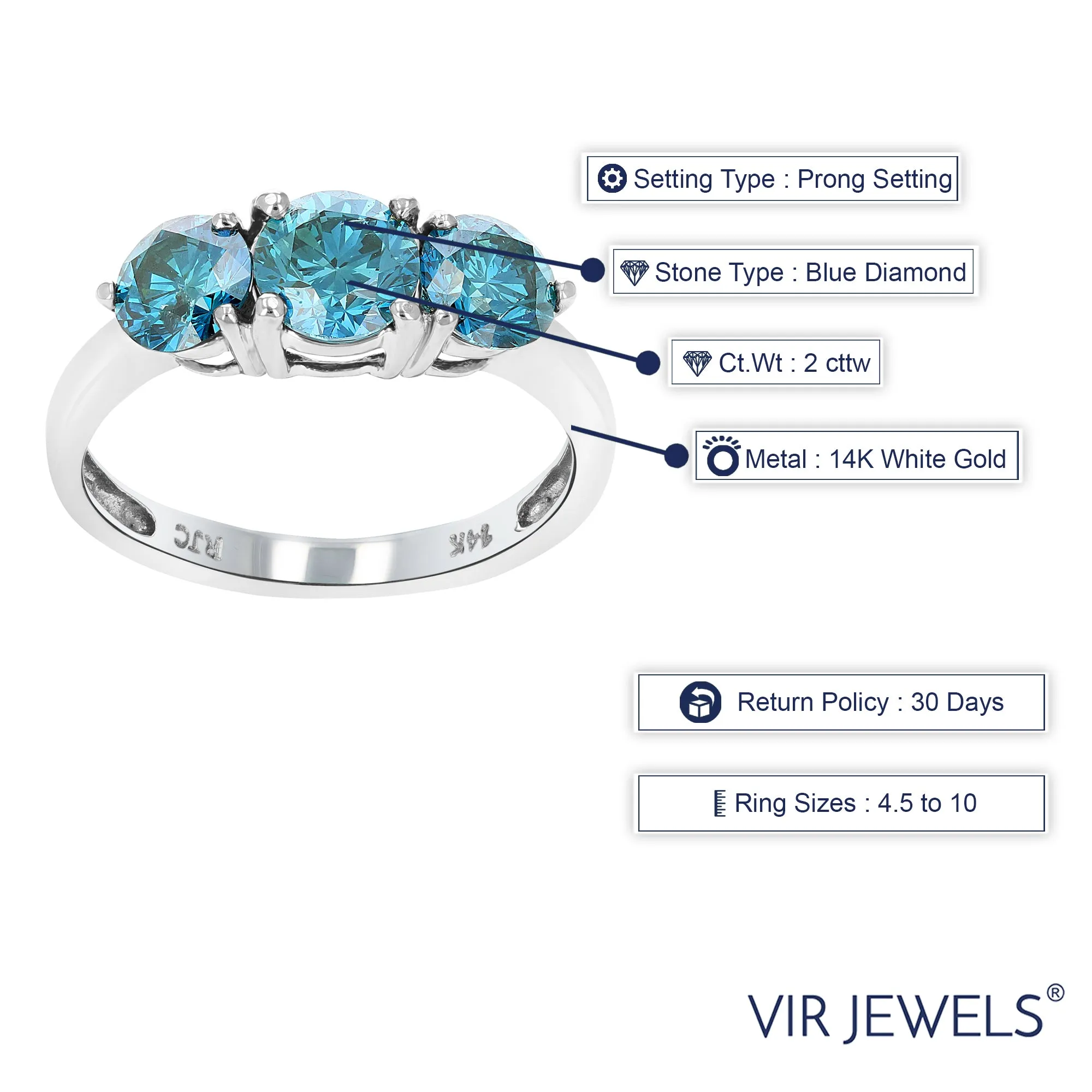 2 cttw Three Blue Diamond Engagement Rings in 14K White Gold