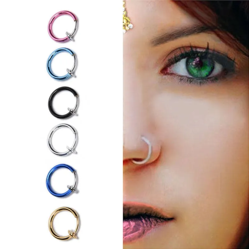 2 PCS 6 Colors Punk Goth False Hoop Earrings Clip on Nose Lip Ear Fake Piercing Rings