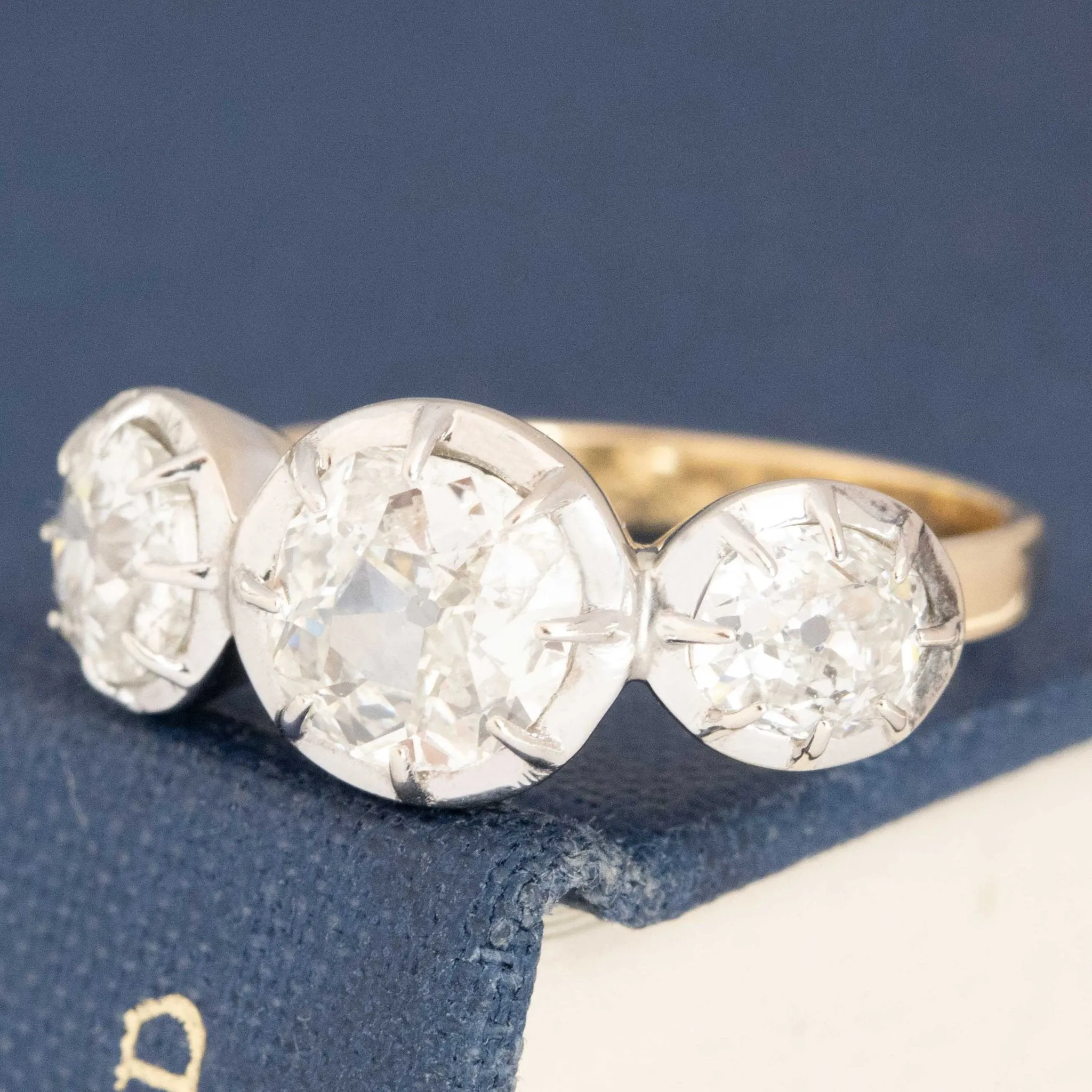 2.01ctw Old European Cut Diamond Collet Trilogy Ring