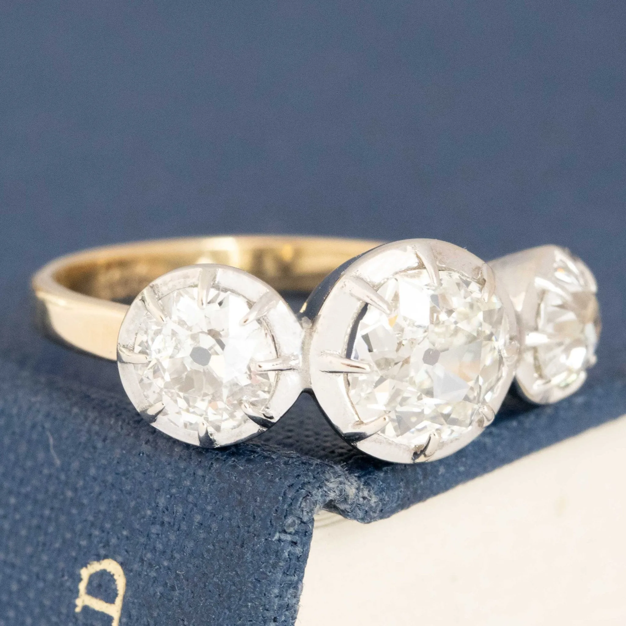 2.01ctw Old European Cut Diamond Collet Trilogy Ring