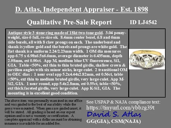 2.01ctw Old European Cut Diamond Collet Trilogy Ring