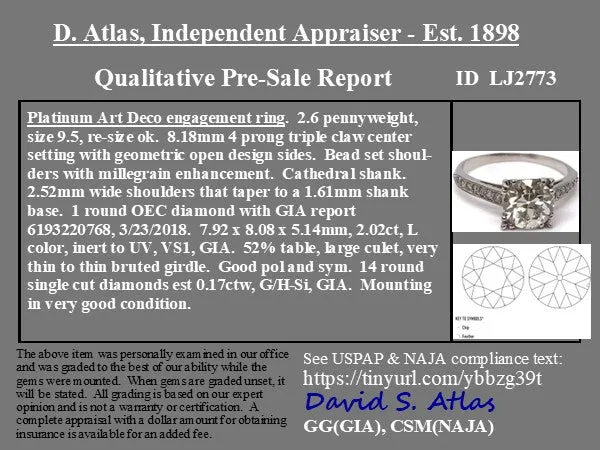 2.02ct Antique Old European Cut Diamond Solitaire, GIA L VS1