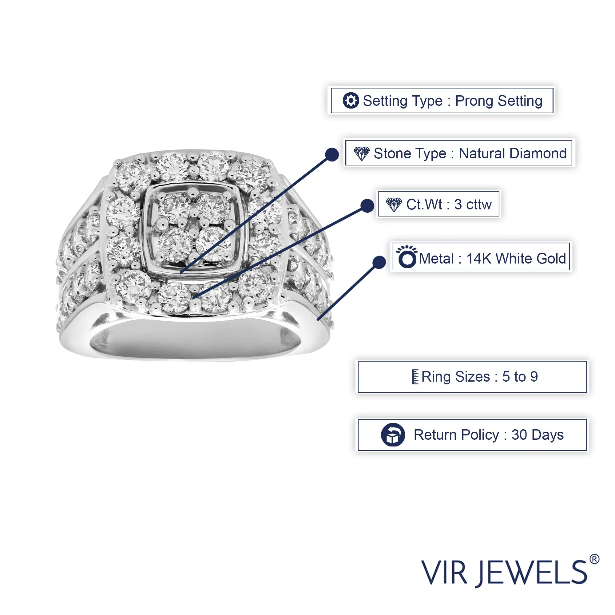 3 cttw Diamond Cushion Cluster Engagement Rings in 14K White Gold
