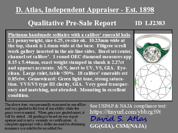 3.12ctw Deco Inspired Old European Cut Diamond & Emerald Target Ring