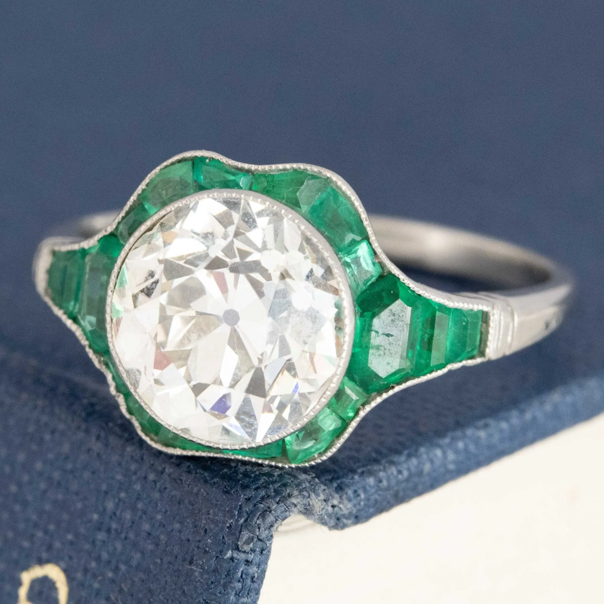 3.12ctw Deco Inspired Old European Cut Diamond & Emerald Target Ring