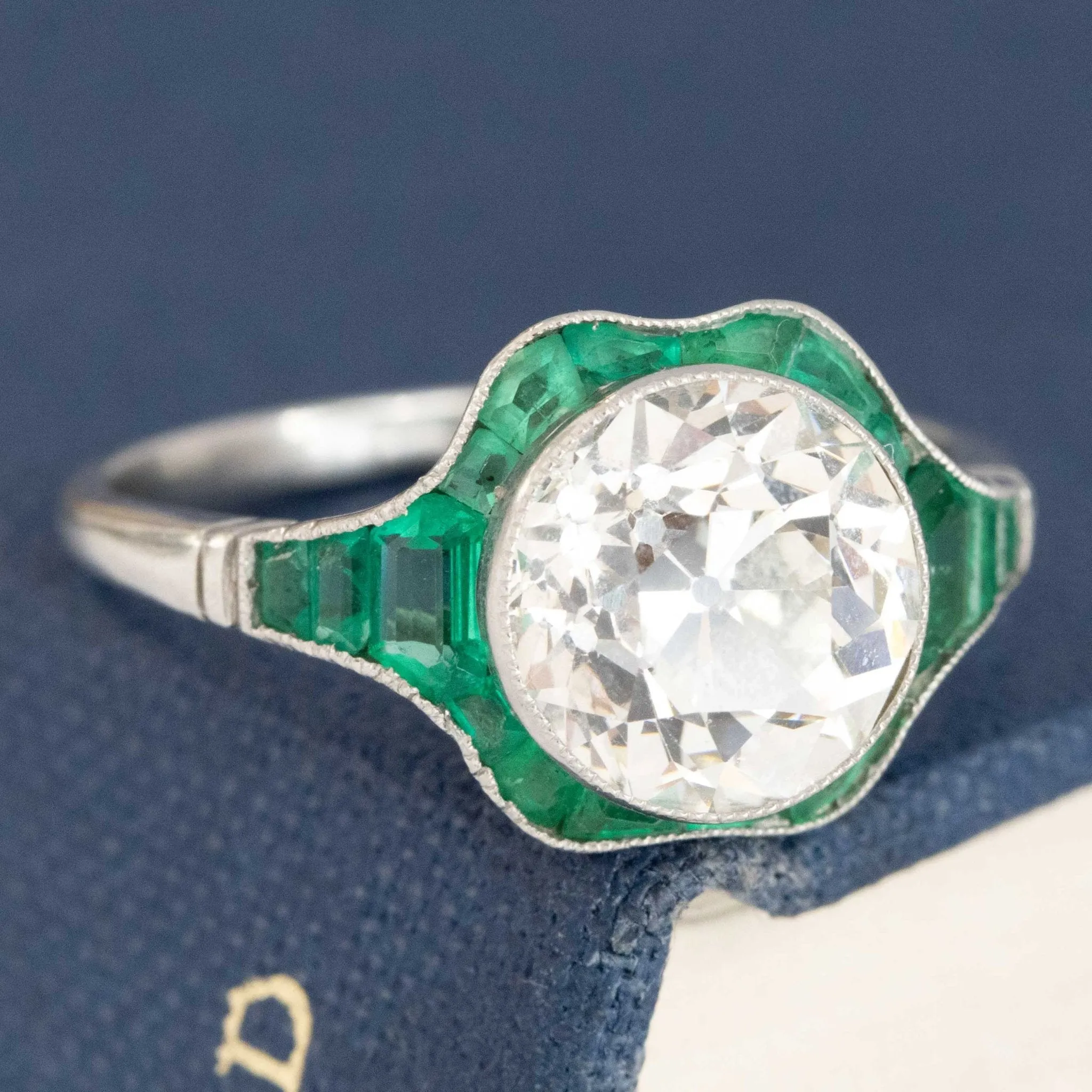 3.12ctw Deco Inspired Old European Cut Diamond & Emerald Target Ring