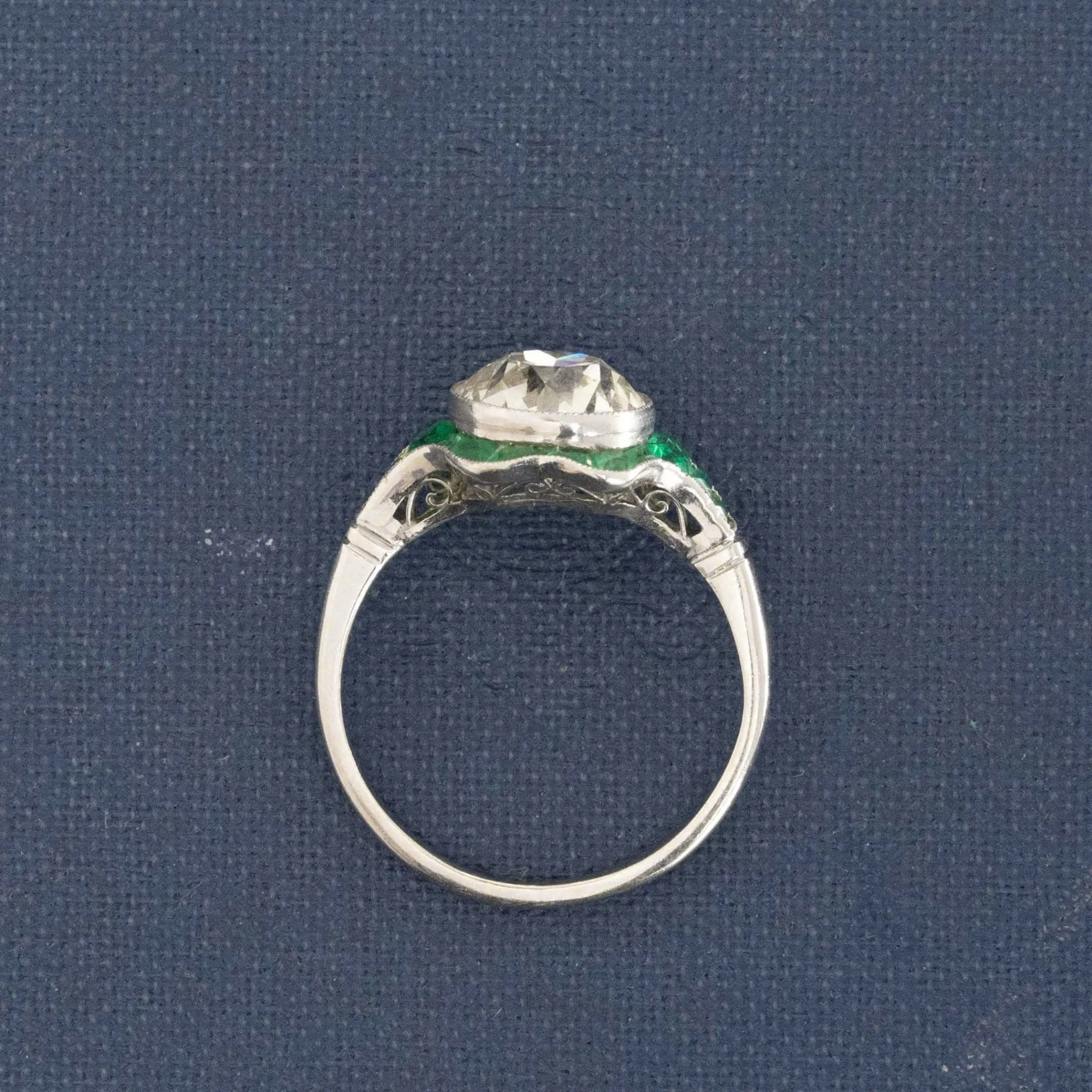 3.12ctw Deco Inspired Old European Cut Diamond & Emerald Target Ring