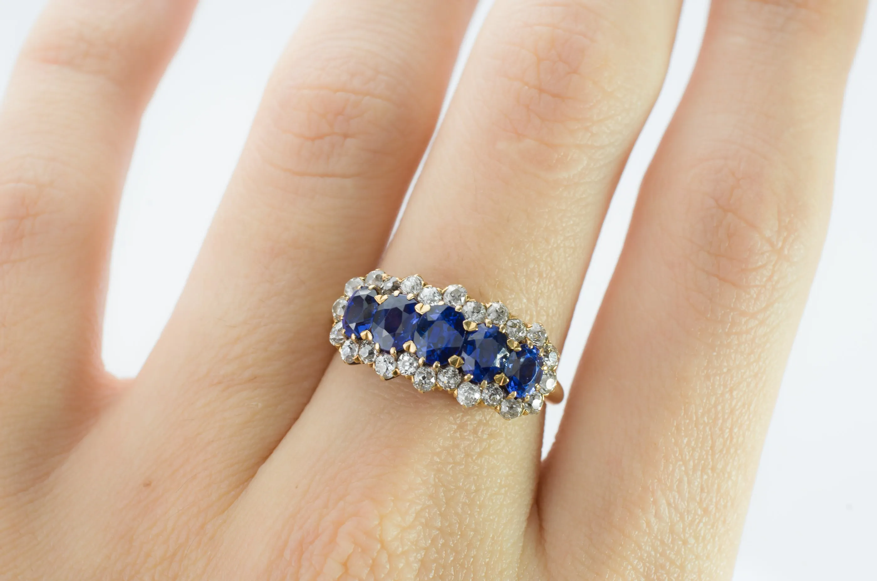3.37CTW FIVE STONE SAPPHIRE AND OLD CUT DIAMOND RING GIA