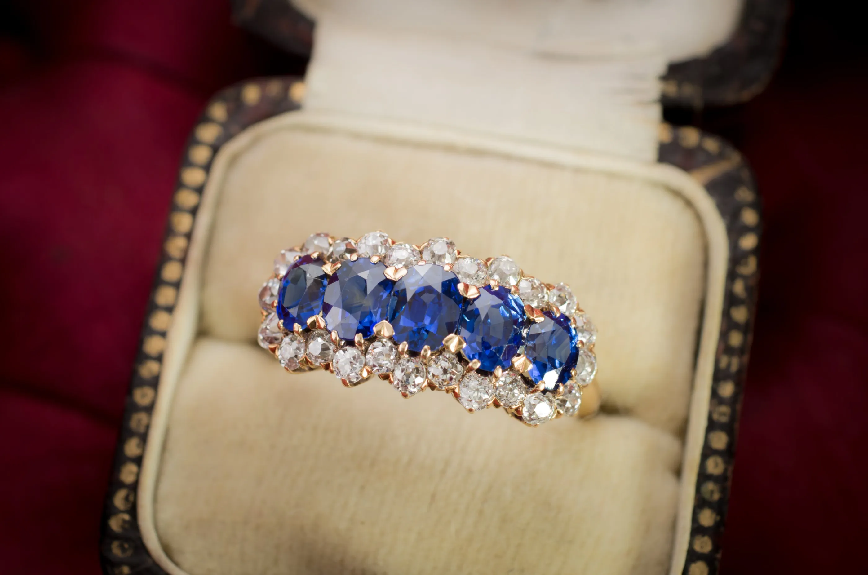 3.37CTW FIVE STONE SAPPHIRE AND OLD CUT DIAMOND RING GIA