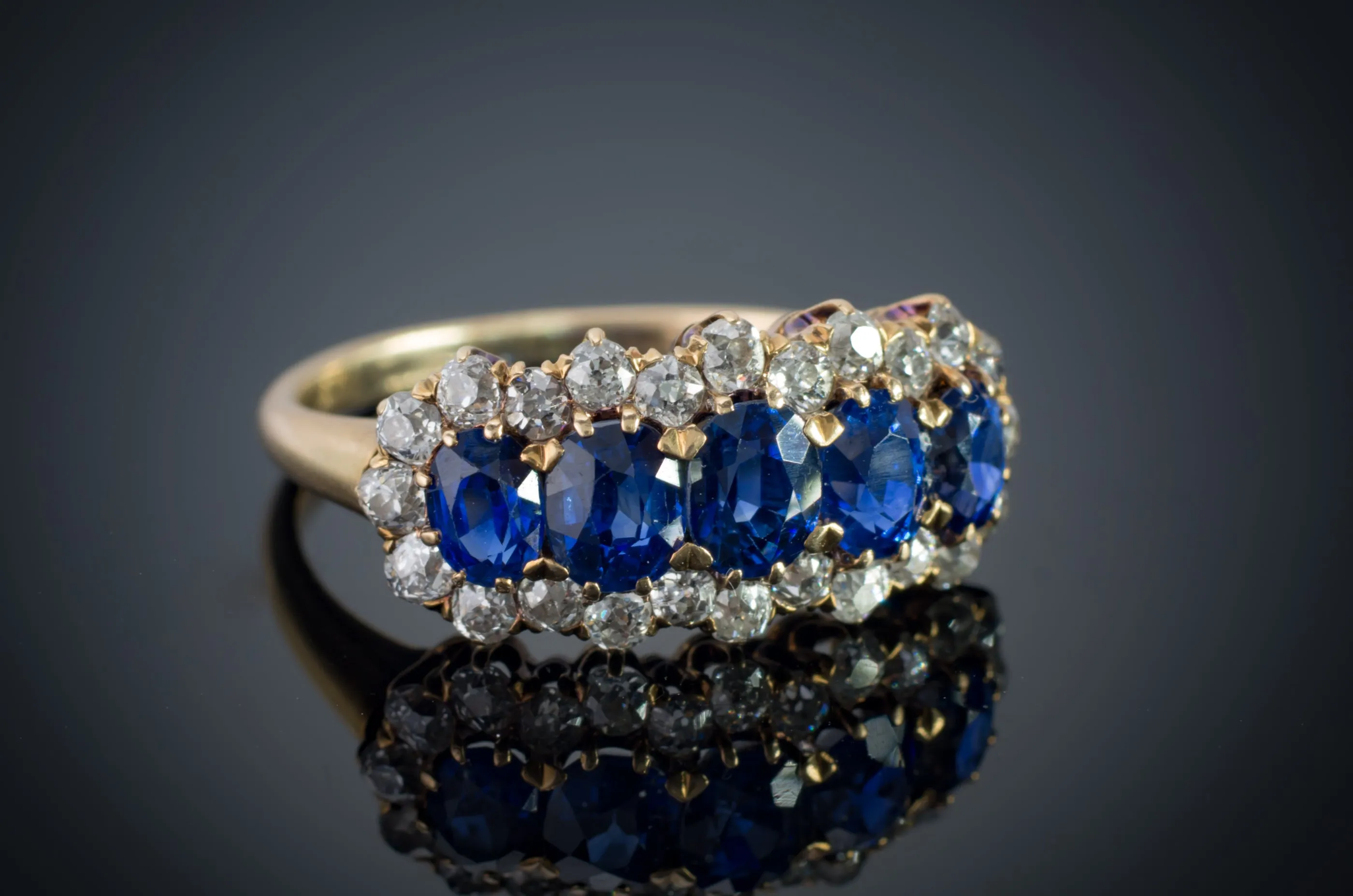 3.37CTW FIVE STONE SAPPHIRE AND OLD CUT DIAMOND RING GIA