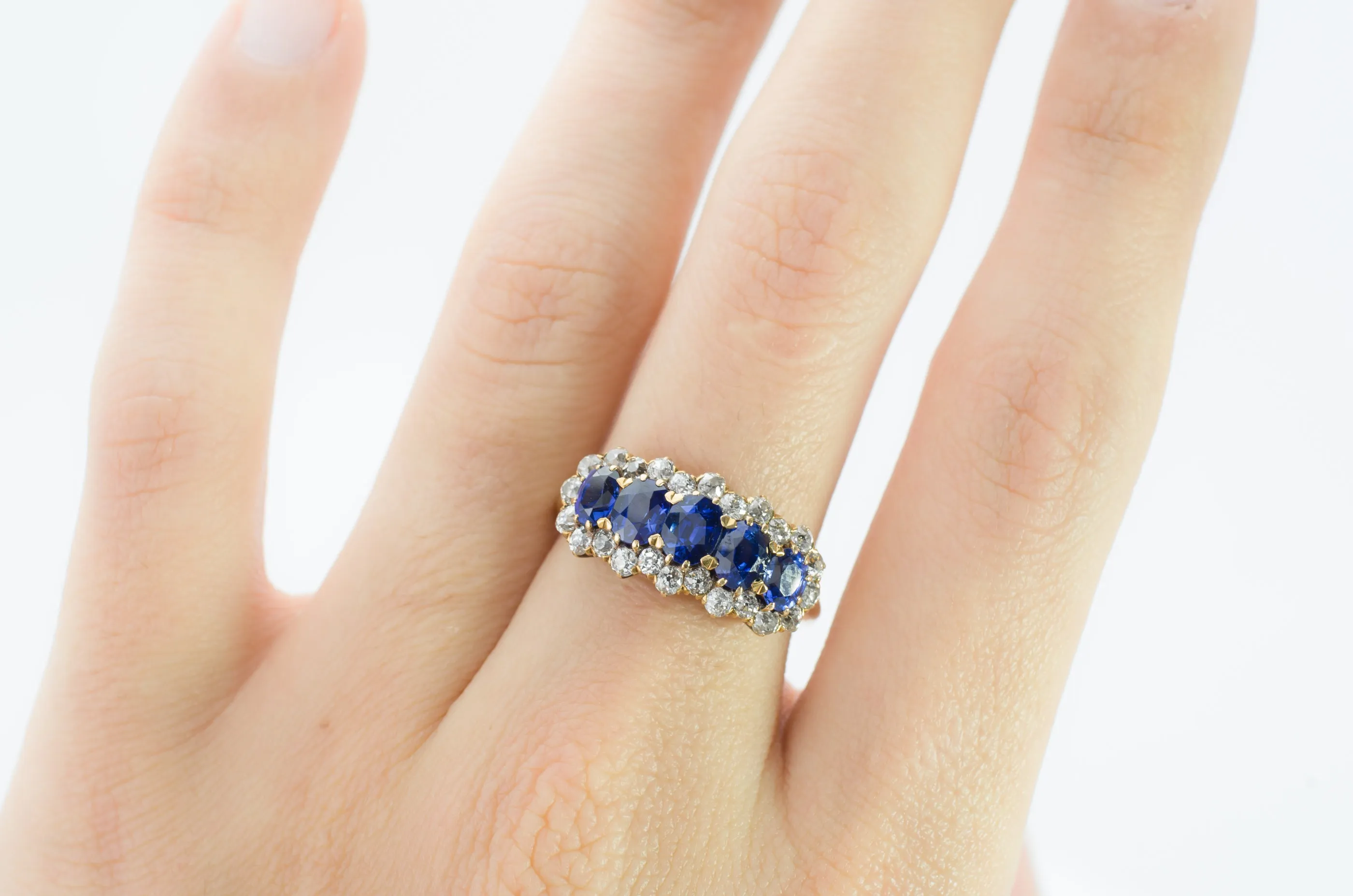 3.37CTW FIVE STONE SAPPHIRE AND OLD CUT DIAMOND RING GIA