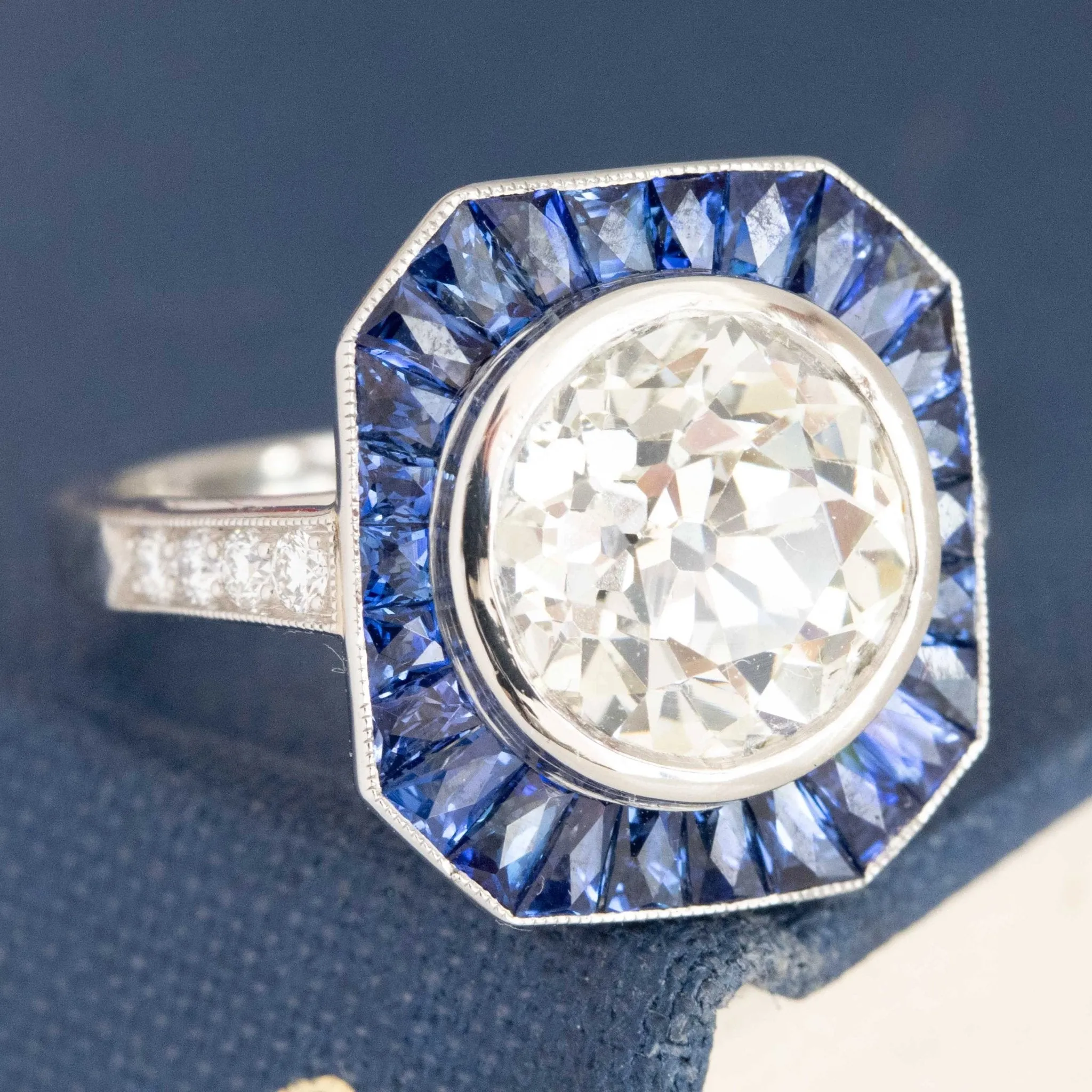 3.68ct Old European Cut Diamond & Sapphire Target Ring French
