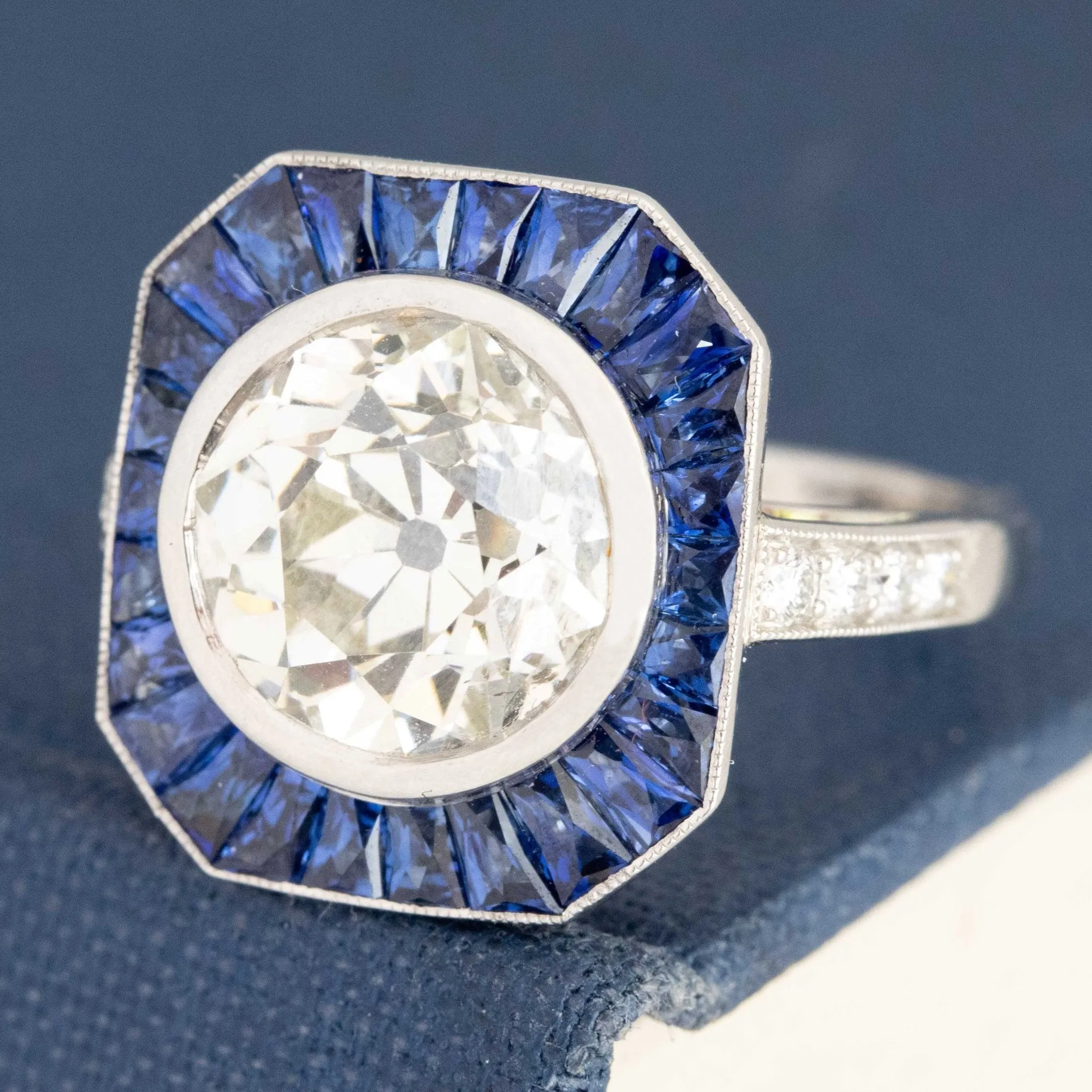 3.68ct Old European Cut Diamond & Sapphire Target Ring French