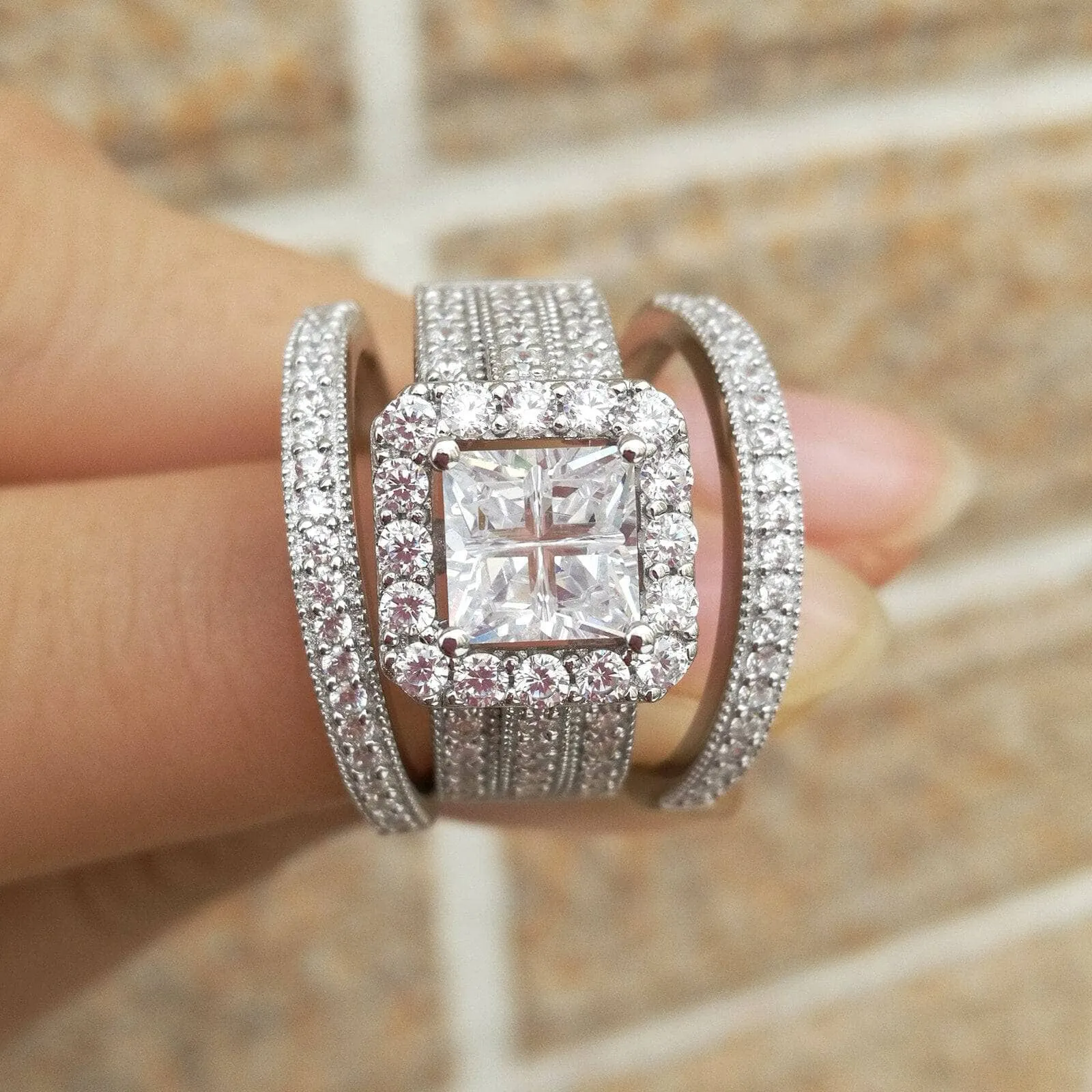 3Pcs Princess Cut Diamond Engagement Ring Set