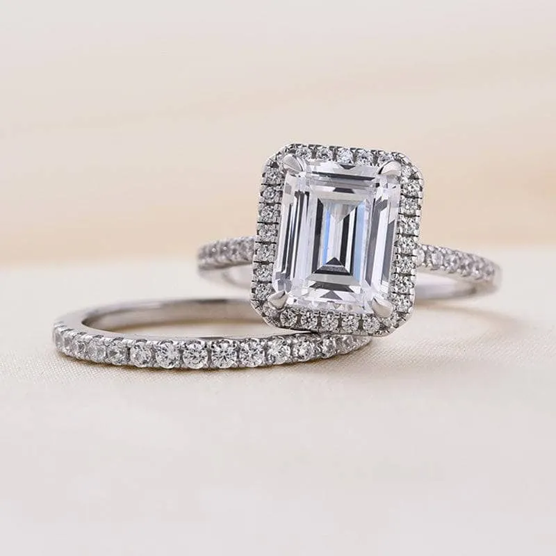 4.0ct Halo Emerald Cut Wedding Ring Set