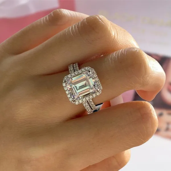 4.0ct Halo Emerald Cut Wedding Ring Set